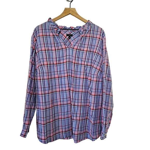 NEW Talbots Plaid Blouse 3X Plus Blue Coral‎ Pink Ruffle V-Neck Popover NWT - Picture 1 of 6